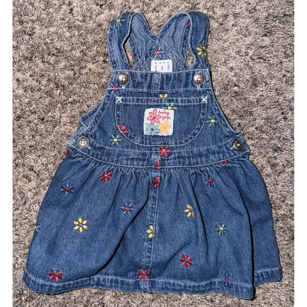 Baby Gap Denim Dress Embroidered Flowers Overalls Blue Kids Size 3-6 Months